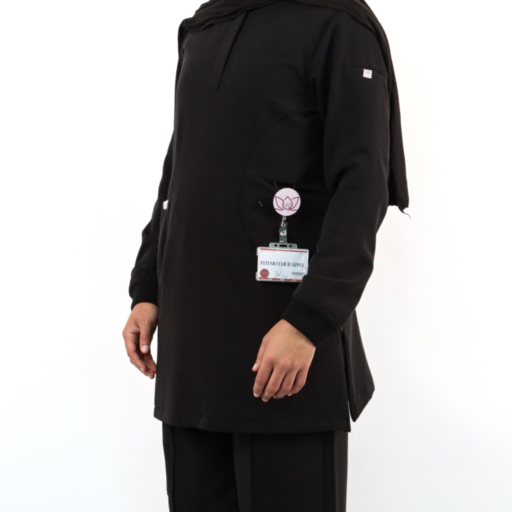 Modest medical scrub uniform for Women black modest scrubs made from soft, stretch medical fabric.
