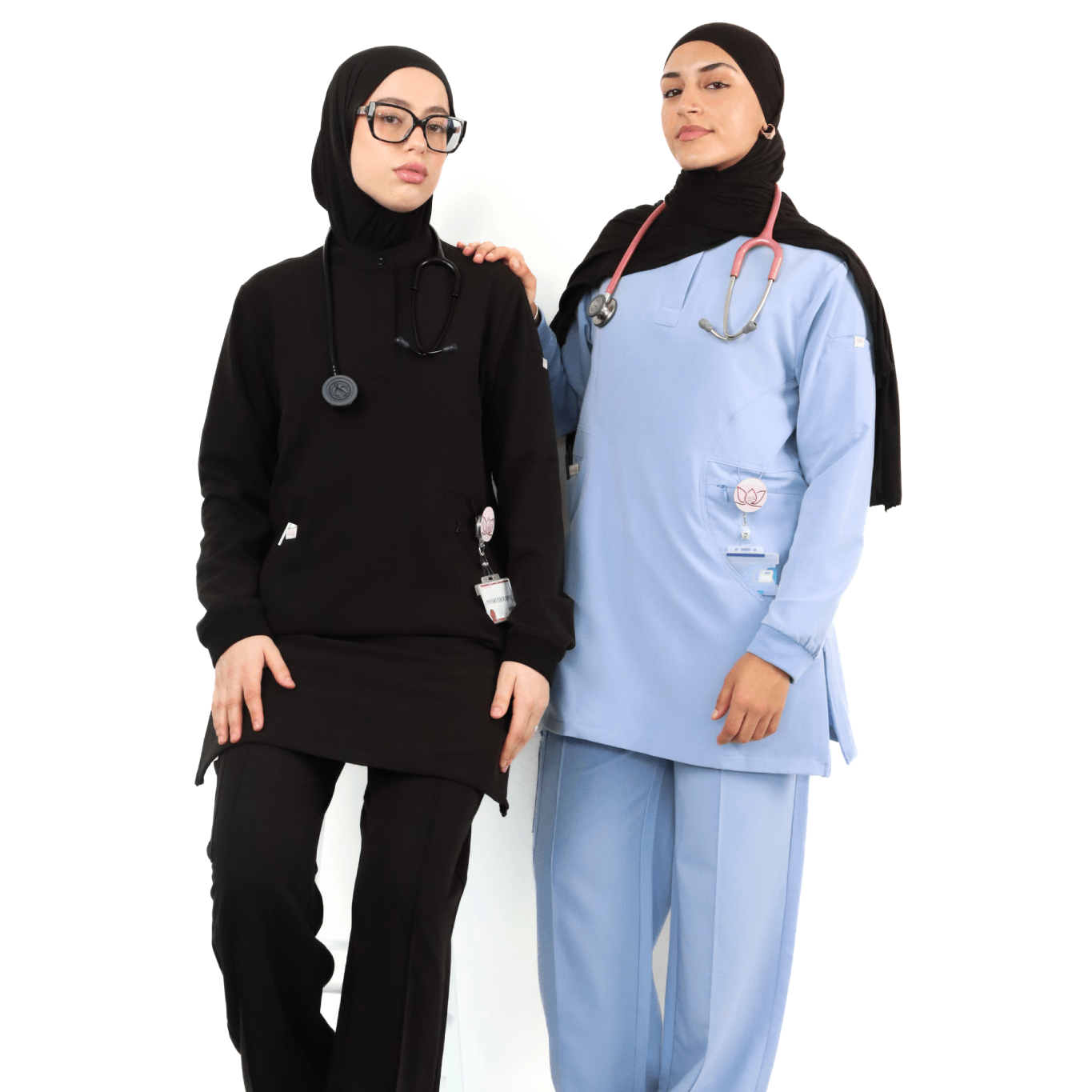 Blue and Black modest scrub top providing full coverage for hospital professionals. plus-size friendly.
