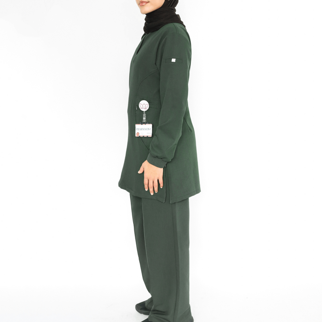 Hunter pharmacy green modest hijabi-friendly scrubs for women doctors in UAE and UK. modest medical scrub uniforms plus-size friendly. 