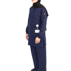 Modest navy medical scrubs with a long top, hijabi-friendly design for women doctors and nurses in the UAE and UK.