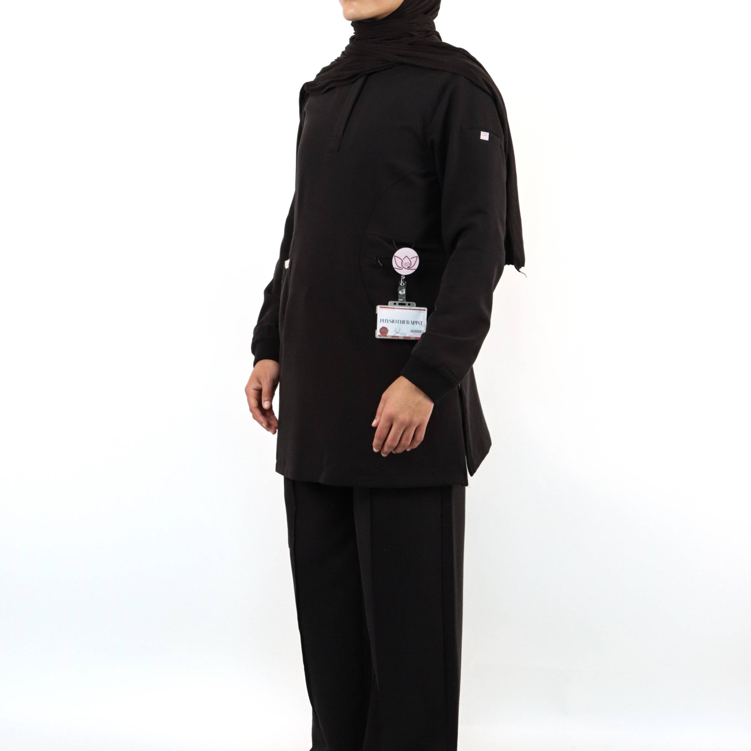 Black scrub set with modest hijabi-friendly scrubs hospital uniform design for modest women.