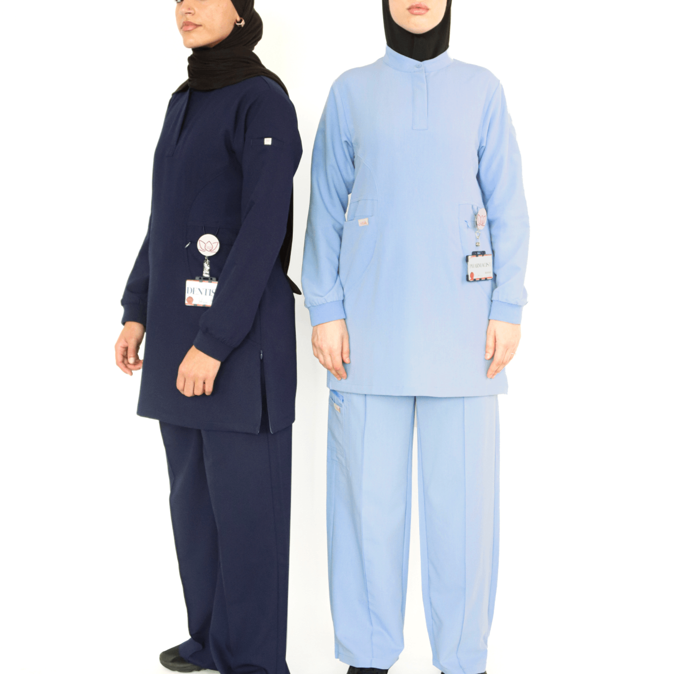 Navy and Blue modest hijabi-friendly scrubs for women doctors in UK and UAE healthcare settings.