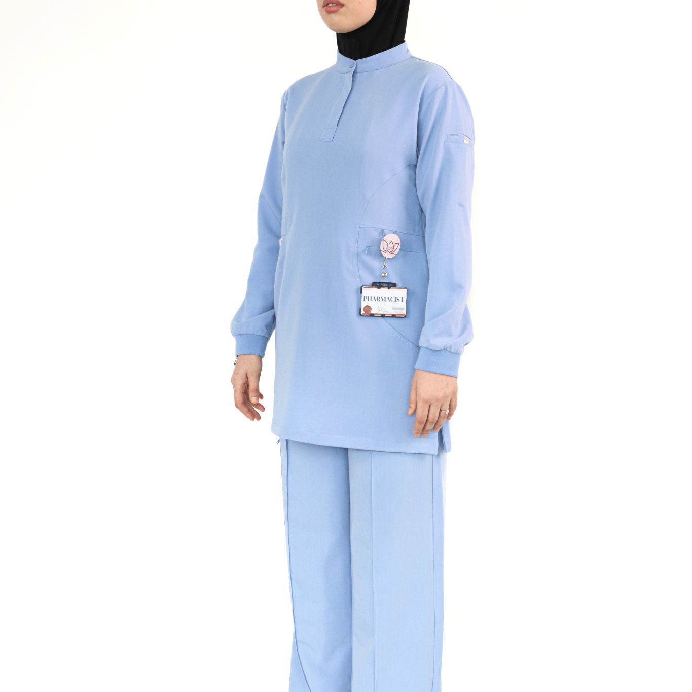 Women’s blue modest-fit scrub set offering full coverage for doctors and nurses 